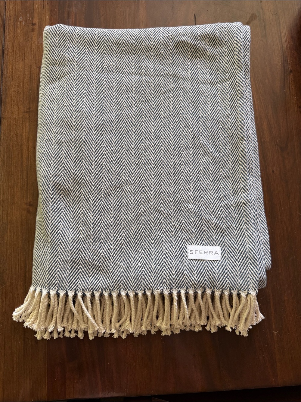 SFERRA Herringbone Throw in Navy and Cream with Fringe